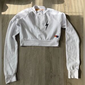 Aviator Nation White Cropped Sweatshirt with Black Lightning Bolt Sz XS